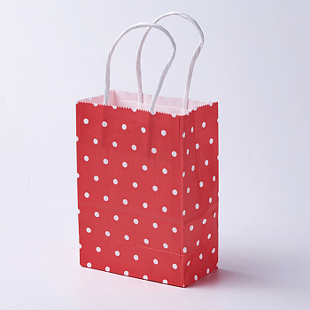 kraft Paper Bags, with Handles, Gift Bags, Shopping Bags, Rectangle, Polka Dot Pattern, Red, 21x15x8cm