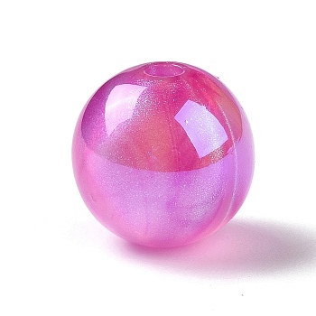 UV Plating Rainbow Iridescent Acrylic Beads, with Glitter Powder, Round, Fuchsia, 12.5~13mm, Hole: 2.5mm