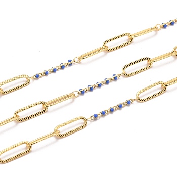 Golden Plated Handmade Enamel Beaded Chains, Brass Paperclip Chains, Long-Lasting Plated, Soldered, with Spool, Blue, Link: 15x5x0.7mm and 5x1.7x2mm, about 32.8 Feet(10m)/roll