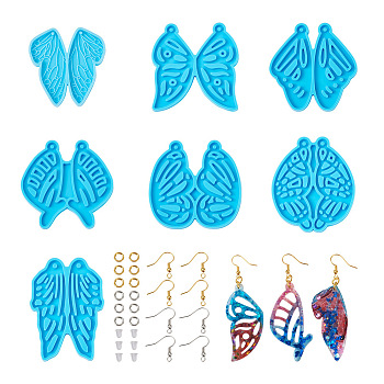 Pet 7Pcs 7 Style Butterfly DIY Pendant Silicone Molds, for Earring Making, with Brass 120Pcs Open Jump Rings & 60Pcs Earring Hooks, 100Pcs Plastic Ear Nuts, Sky Blue, 53~63x45~59x3~4mm, Hole: 2mm, Inner Size: 55~60x19~27mm, 1Pc/style