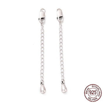 925 Sterling Silver Chain Extenders, with Lobster Claw Clasps & Charms, Teardrop, Antique Silver, 64~70x2.5mm, Hole: 2.4mm