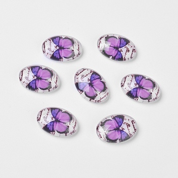 Purple Butterfly Pattern Printed Tempered Glass Dome Flat Back Cabochons, Oval, Good for Antique Ring Jewel Making, 18x13x6mm
