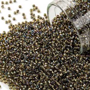 TOHO Round Seed Beads, Japanese Seed Beads, (281) Inside Color AB Topaz/Olivine Lined, 15/0, 1.5mm, Hole: 0.7mm, about 3000pcs/bottle, 10g/bottle