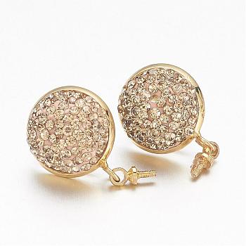 Brass Stud Earring Findings, with Polymer Clay Rhinestones, Flat Round, Golden, 14x6~9mm, Pin: 0.7mm