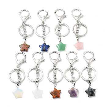 Natural & Synthetic Mixed Gemstone Keychain, with Platinum Plated Iron Split Key Rings, Star, 9.8cm