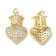 Brass Micro Pave Clear Cubic Zirconia Pendants, with Jump Ring, Heart with Crown Charm, Real 18K Gold Plated, 24x15.5x3.5mm, Hole: 3mm(KK-E068-VA301-2)