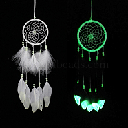 Luminous Woven Net/Web with Feather Wind Chimes, with Iron Findings, Glow in the Dark, for Home Hanging Ornament, Round, 500mm(LUMI-PW0004-036B)