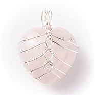 Natural Rose Quartz Gemstone Pendants, with Silver Tone Copper Wire Wrapped, Heart, 25.5x21x17mm, Hole: 6mm(PALLOY-JF01303-04)