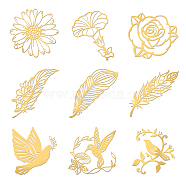 9Pcs 9 Styles Custom Carbon Steel Self-adhesive Picture Stickers, Golden, Flower & Leaf & Bird, Mixed Patterns, 40x40mm, 1pc/style(DIY-OC0009-17E)