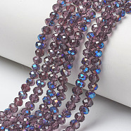 Electroplate Glass Beads Strands, Half Plated, Blue Plated, Faceted, Rondelle, Purple, 6x5mm, Hole: 1mm, about 85~88pcs/strand, 16.1~16.5 inch(41~42cm)(EGLA-A034-T6mm-I09)