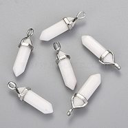 Natural White Jade Double Terminated Pointed Pendants, with Random Alloy Pendant Hexagon Bead Cap Bails, Bullet, Platinum, 36~45x12mm, Hole: 3x5mm, Gemstone: 10mm in diameter(X-G-F295-04H)