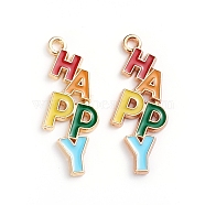 Alloy Enamel Pendants, with Word HAPPY, Light Gold, Colorful, 29x11.2x1.8mm, Hole: 1.6mm(X-ENAM-WH0047-36KCG)