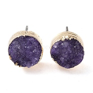 Natural Druzy Agate Stud Earrings, with Golden Plated Brass Findings, Flat Round, Purple, 7~8x5~8mm, Pin: 0.8mm(EJEW-L168-02E)