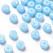Opaque Acrylic Beads, Flat Round with White Heart & Flower & Moon & Star, Light Sky Blue, 7x4mm, Hole: 1.6mm(X-MACR-N008-40F)