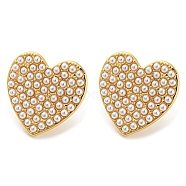 Heart Brass Stud Earrings with Plastic Pearl Beaded, Long-Lasting Plated, Cadmium Free & Lead Free, Real 18K Gold Plated, 22x22mm(EJEW-Q785-19G)
