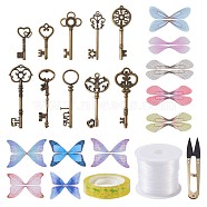 DIY Key Clasps, with Tibetan Style Alloy Key Big Pendants, Sharp Steel Scissors, Butterfly Fibre Tulle, Transparent Adhesive Packing Tape and Nylon Wire, Mixed Color(DIY-TA0001-90)