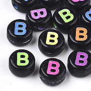Opaque Black Acrylic Beads, Horizontal Hole, Flat Round with Mixed Color Letter, Letter.B, 7x4mm, Hole: 1.6mm, about 3600pcs/500g(MACR-N008-17B)