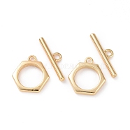 Brass Toggle Clasps, Hexagon, Real 18K Gold Plated, Bar: 18.5x5x2mm, Hole: 2mm, Hexagon: 14x13.5x2mm, hole: 1.5mm(KK-E068-VC180)