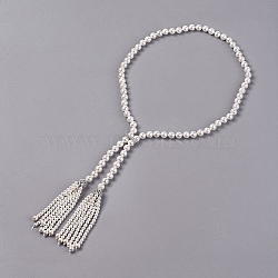 Electroplated Shell Beaded Tassel Necklaces, with Brass Micro Pave Cubic Zirconia Beads and Clasp, Round, White, 28.3 inches(72cm)(NJEW-G329-03A)