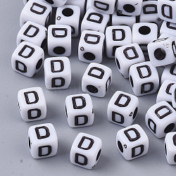 White Opaque Acrylic Beads, Horizontal Hole, Cube with Black Alphabet, Letter.D, 4~5x4~5x4~5mm, Hole: 1.8mm, about 255~260pcs/20g(X-MACR-R869-02D)