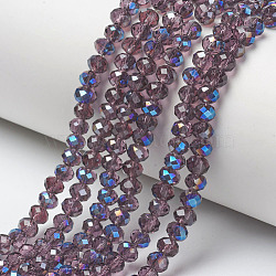 Electroplate Glass Beads Strands, Half Plated, Blue Plated, Faceted, Rondelle, Purple, 6x5mm, Hole: 1mm, about 85~88pcs/strand, 16.1~16.5 inch(41~42cm)(EGLA-A034-T6mm-I09)