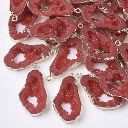 Druzy Resin Pendants, Imitation Geode, with Edge Light Gold Plated Iron Loops, Nuggets, Red, 36~37x19x6mm, Hole: 1.8mm(X-RESI-S383-015C)