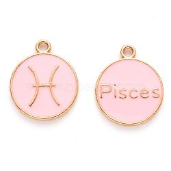 Alloy Enamel Pendants, Cadmium Free & Lead Free, Flat Round with Constellation, Light Gold, Pink, Pisces, 22x18x2mm, Hole: 1.5mm(X-ENAM-S124-01A-09H)