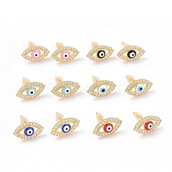 Enamel Horse Eye Stud Earrings with Clear Cubic Zirconia, Gold Plated Brass Jewelry for Women, Cadmium Free & Lead Free, Mixed Color, 8x14mm, Pin: 0.8mm(KK-E033-03G)