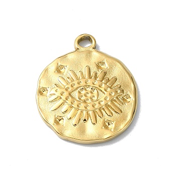 Ion Plating(IP) 304 Stainless Steel Pendants, Flat Round with Eye Charm, Real 18K Gold Plated, 19x16x2mm, Hole: 1.8mm