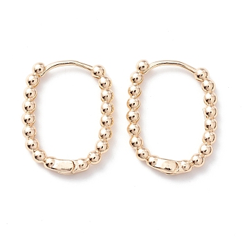 Rack Plating Brass Beaded Oval Huggie Hoop Earrings, Hinged Earrings for Women, Cadmium Free & Lead Free, Real 14K Gold Plated, 22x17x2.5mm, Pin: 0.7mm