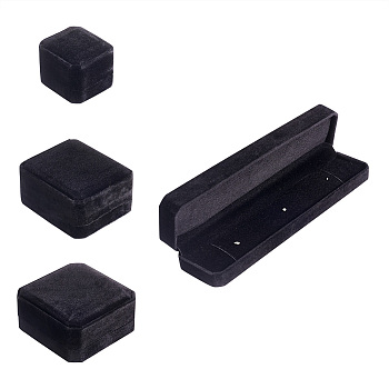 Beadthoven 4Pcs 4 Style Rectangle & Square Velvet Jewelry Boxes, with Flip, for Necklace, Pendant and Bangle, Black, Box: 4pcs/set