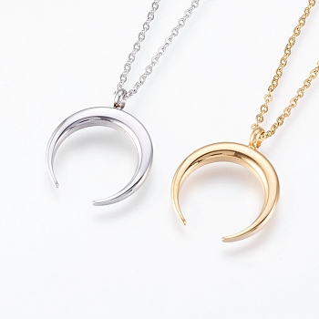 304 Stainless Steel Pendant  Necklaces, Double Horn/Crescent Moon, Mixed Color, 17.99 inch(45.7cm), 1.5mm