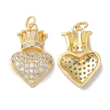 Brass Micro Pave Clear Cubic Zirconia Pendants, with Jump Ring, Heart with Crown Charm, Real 18K Gold Plated, 24x15.5x3.5mm, Hole: 3mm