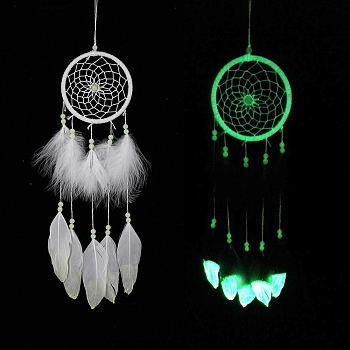 Luminous Woven Net/Web with Feather Wind Chimes, with Iron Findings, Glow in the Dark, for Home Hanging Ornament, Round, 500mm