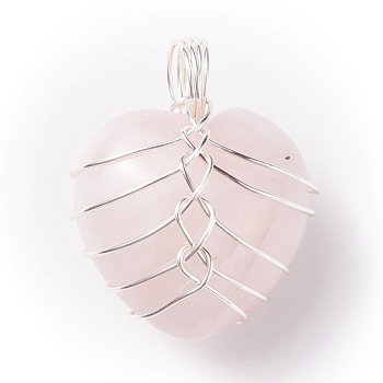 Natural Rose Quartz Gemstone Pendants, with Silver Tone Copper Wire Wrapped, Heart, 25.5x21x17mm, Hole: 6mm