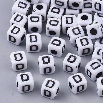 White Opaque Acrylic Beads, Horizontal Hole, Cube with Black Alphabet, Letter.D, 4~5x4~5x4~5mm, Hole: 1.8mm, about 255~260pcs/20g