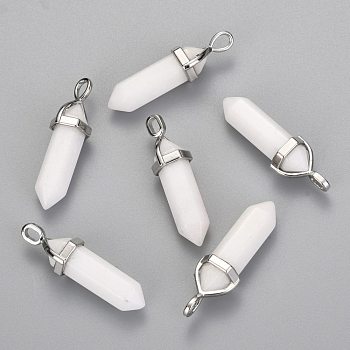 Natural White Jade Double Terminated Pointed Pendants, with Random Alloy Pendant Hexagon Bead Cap Bails, Bullet, Platinum, 36~45x12mm, Hole: 3x5mm, Gemstone: 10mm in diameter
