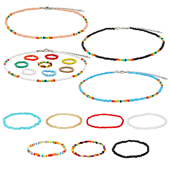 Colorful Jewerly Set, Seed Beaded Stretch Bracelets & Plastic Beaded Necklaces, Mixed Color, Inner Diameter: 1-7/8~2 inch(5cm), 16.34 inch(415mm), 11Pcs/box