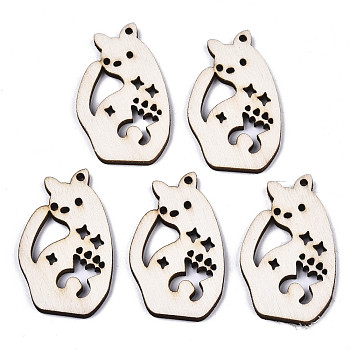 Unfinished Natural Poplar Wood Pendants, Laser Cut Wood Shapes, Cat with Star, Old Lace, 39~40x24x2mm, Hole: 1.6mm