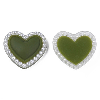 Acrylic Cabochons, with ABS Plastic Imitation Pearl Beads, Heart, Dark Olive Green, 20.5x22x5mm