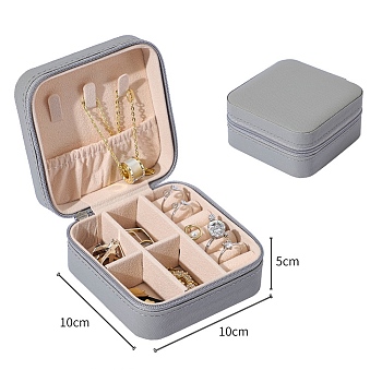Square PU Leather Jewelry Organizer Zipper Boxes, Portable Travel Jewelry Case with Velvet Inside, for Earrings, Necklaces, Rings, Gray, 10x10x5cm
