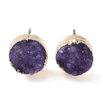 Natural Druzy Agate Stud Earrings, with Golden Plated Brass Findings, Flat Round, Purple, 7~8x5~8mm, Pin: 0.8mm