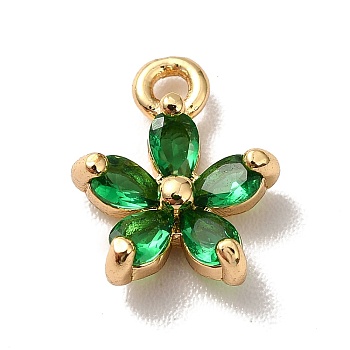Brass Cubic Zirconia Flower Charms, Real 18K Gold Plated, Bauhinia Charm, Green, 10x8x3mm, Hole: 1.2mm