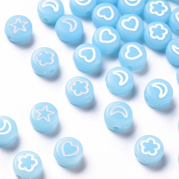 Opaque Acrylic Beads, Flat Round with White Heart & Flower & Moon & Star, Light Sky Blue, 7x4mm, Hole: 1.6mm