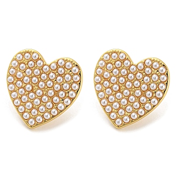 Heart Brass Stud Earrings with Plastic Pearl Beaded, Long-Lasting Plated, Cadmium Free & Lead Free, Real 18K Gold Plated, 22x22mm