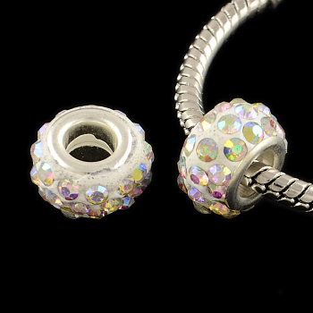 Polymer Clay Rhinestone European Large Hole Beads with Silver Color Plated Brass Cores, Rondelle, Crystal AB, 11~12x7~7.5mm, Hole: 5mm