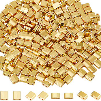 300Pcs 2 Styles Glass Seed Beads, 2-Hole, Metallic Colours, Rectangle, Golden Plated, 4.5~5.5x2~5.5x2~2.5mm, Hole: 0.5~0.8mm, 150Pcs/style