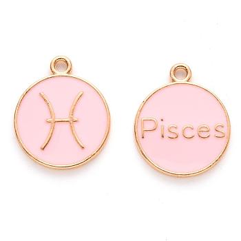 Alloy Enamel Pendants, Cadmium Free & Lead Free, Flat Round with Constellation, Light Gold, Pink, Pisces, 22x18x2mm, Hole: 1.5mm