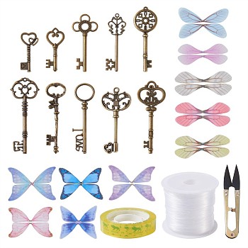 DIY Key Clasps, with Tibetan Style Alloy Key Big Pendants, Sharp Steel Scissors, Butterfly Fibre Tulle, Transparent Adhesive Packing Tape and Nylon Wire, Mixed Color