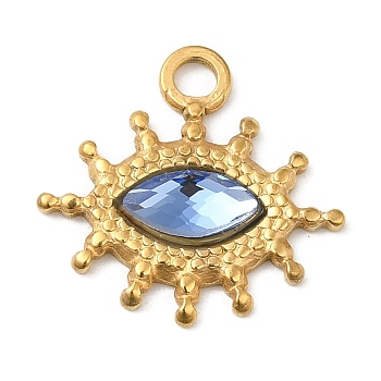 Real 18K Gold Plated 304 Stainless Steel Pendants, with Glass, Horse Eye Charms, Cornflower Blue, 17.5x18.5x3~3.5mm, Hole: 2.2mm